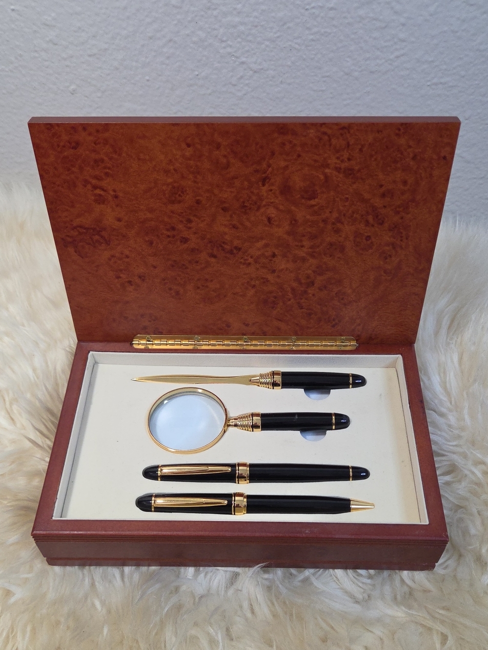 Vintage Executive Desk Set Black Gold Pens Magnifier Letter Opener Boxed